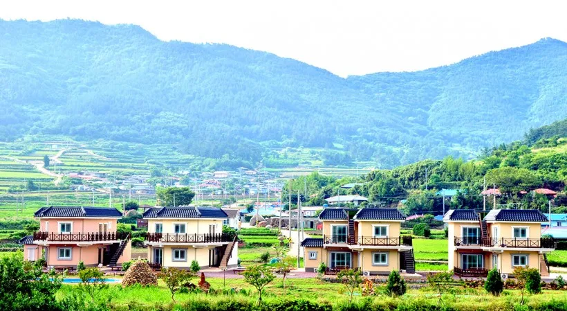 산과 계단식 논을 배경으로 선 2층 독채 네 채